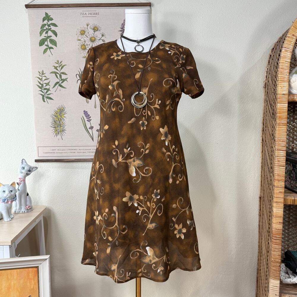 Vintage 70s 80s Brown Floral Mini Dress Forest Fairy Grunge Whimsigoth Cottage S